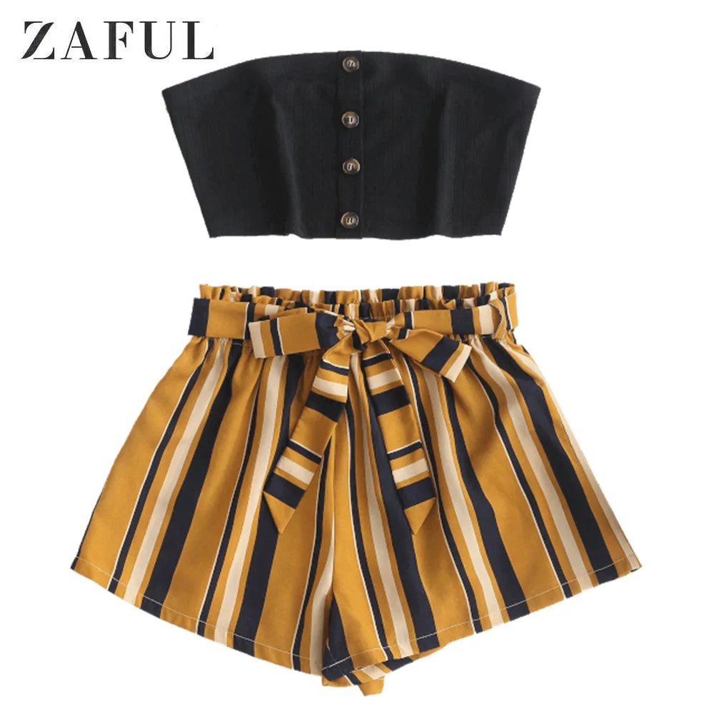 

ZAFUL Contrast Buttoned Bandeau Top And Stripes Paperbag Shorts Set with Belt Women Casual Set Beach Suits