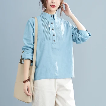 

COIGARSAM French Style Full Sleeve Shirt Womens tops New Vintage Loose Cotton Linen Women shirts White Light Blue 982