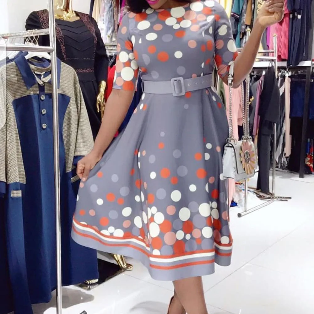 

African Fashion Women Polka Dot Dress 2019 Fall Pink A Line Office Ladies Causal Dresses Plus Size Retro Vestidos 3XL Oversized