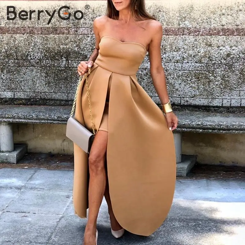 BerryGo элегантное вечернее платье для вечеринки, женское сексуальное осеннее сплошная шикарная Женская Макси-платье с высокой талией без бретелек, длинное лоскутное платье