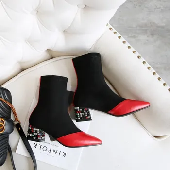 

MLJUESE 2020 women ankle boots cow leather pointed toe mixed colors winter short plush crystal heel women socks boots size 40