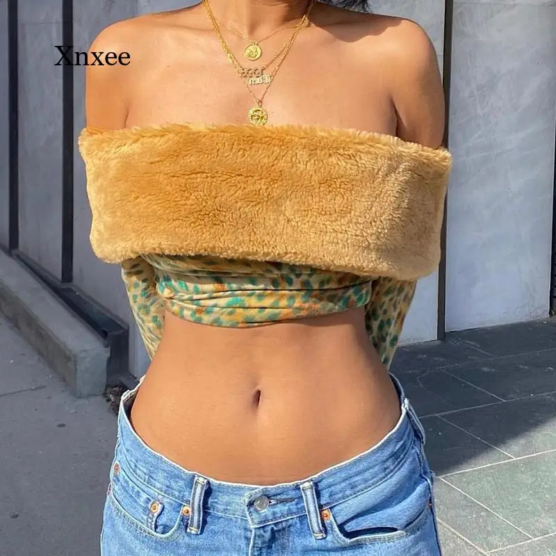

Off Shoulder Shirts Leopard Print Crop Tops Pullover Long-Sleeve Cropped Velvet Women's Blouse Fashion Slim Top Streetwear