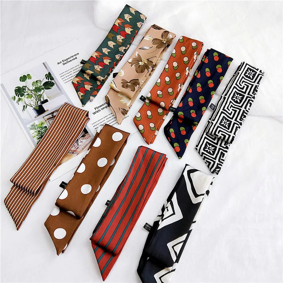  500pcs 여성을위한 작은 인쇄 실크 스카프 핸들 가방 리본 브랜드 패션 헤드 스카프 작은 긴 스키니 스카프