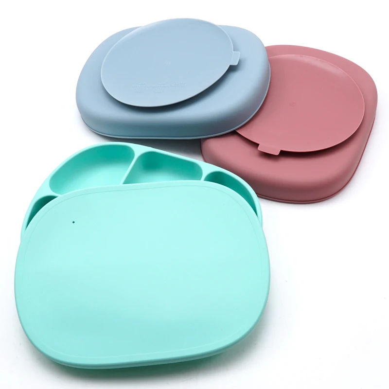 Baby Silicone Dinner Plate With Four Compartments Separated Strong Suction Cup With Silicone Cover Macaron Color Fresh BPA Free 3
