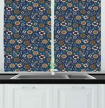

Multicolor Nautical Kitchen Curtains Ocean Sealife Elements Rope Ship Seashells Starfish Life Buoy Navy Blue Backdrop for Kitch