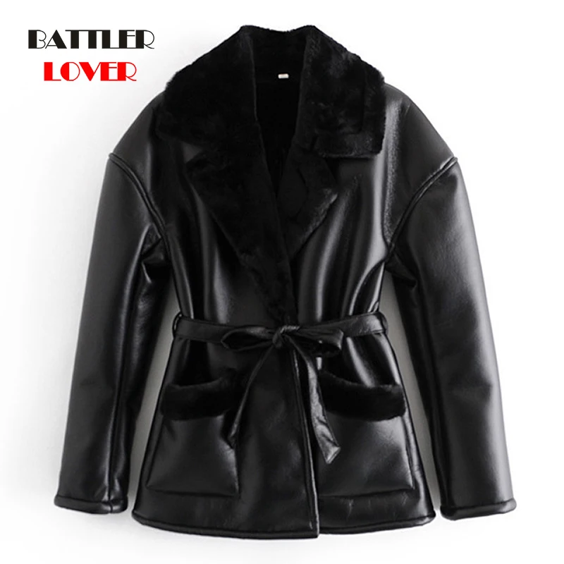 Women Fashion Jackets with Fur Faux Leather Thick Warm Coat for Female Vintage Long Sleeve Tied Belt Chic Tops Ladies Outerwear