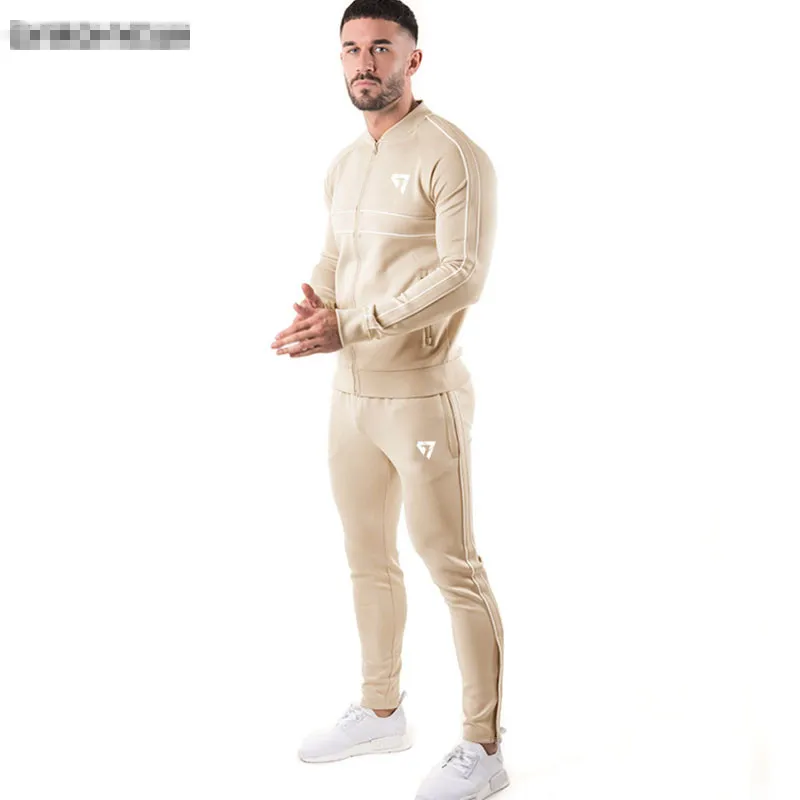 Beige Высокое качество, осенний брендовый спортивный костюм, модный костюм, мужская спортивная одежда для спортзала, костюм для бега, мужской спортивный костюм - Цвет: Beige