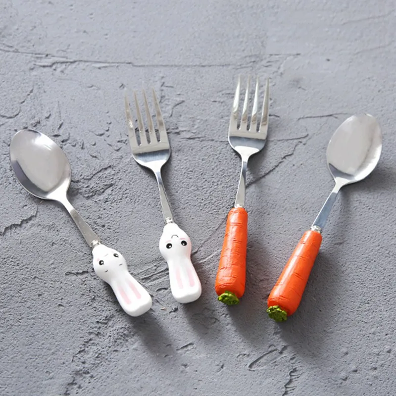 Детские столовые приборы из нержавеющей стали милый кролик с морковкой Детские Ложки Дети Вилка для приема пищи дети посуда мультфильм столовые приборы для дома
