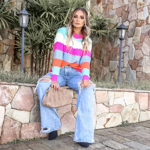 Korean Women Sweater Striped Color Block Patchwork Print Pullovers Winter Long Sleeve O-neck Sweaters Jersey Mujer Pull Femme 3