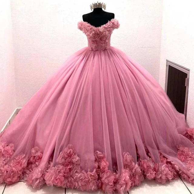 Puffy Pink Quinceanera Dresses Princess Cinderella Long Ball Gown Sweet 15  Year Girls Prom Evening Skirt