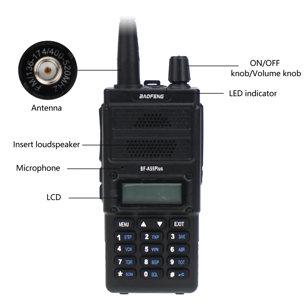 Baofeng BF-A55 Plus Walkie Talkie двухдиапазонный VHF/UHF 136-174/400-520 МГц 8 Вт мощность передачи 128CH Охота CB Ham радио сканер