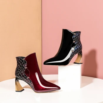 

New Sexy Red Patent Leather Booties Woman Designer Brand Luxury Shoes 2020 Winter Ladies Party 7cm High Comma Heels Plus Size 42