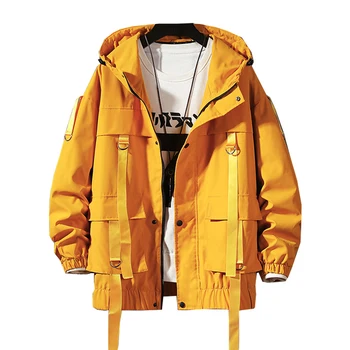 

Men's Hooded Jacket Autumn Casual Jacket Multi-Pocket Ribbon Japanese Loose Oversized Coat Korean Hip Hop Top Zipper