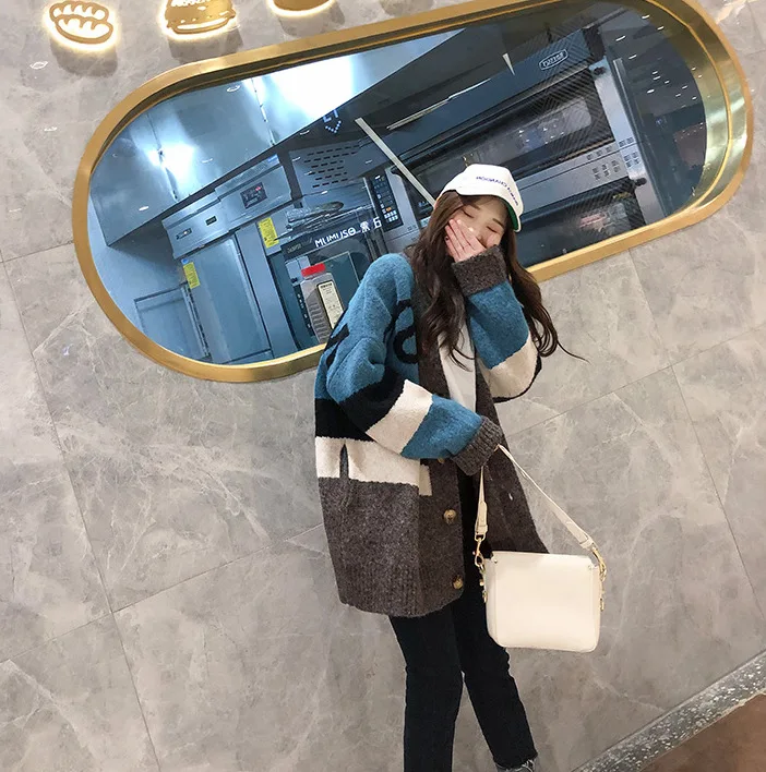 Корейский Dongdaemun женский женский вязаный кардиган с v-образным вырезом и буквенным принтом, длинный кардиган