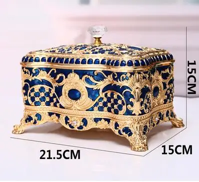 gold blue Европейский прямоугольник с бриллиантом металлический контейнер для хранения ювелирных изделий чехол для дома/свадьбы стол декоративный контейнер Органайзер Z148 - Цвет: gold blue