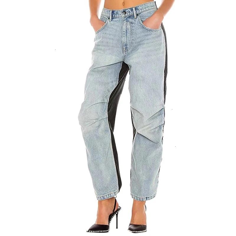 Streetwear Patchwork Washed Vintage Denim Trouser For Women Jeans Female Loose Straight Pants Autumn Fashion New D021