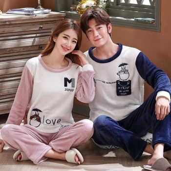 

Autumn Winter Couple Pyjamas Cotton Pajamas Set Women Cute Crayon Shin-chan Sleepwear Casual Keep Warm Mujer Pyjamas Home Suit