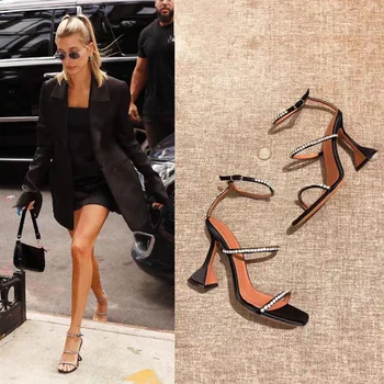 

A word with high heels women's 2020 summer new sexy thin heel square head silver black open toe ins Rhinestone sandals