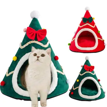 

Christmas Cat Bed Cute Christmas Tree Shape Pet Tent Winter Warm Soft Cat Dog House Pet Nest For Cats Dog Kittens Small Animals