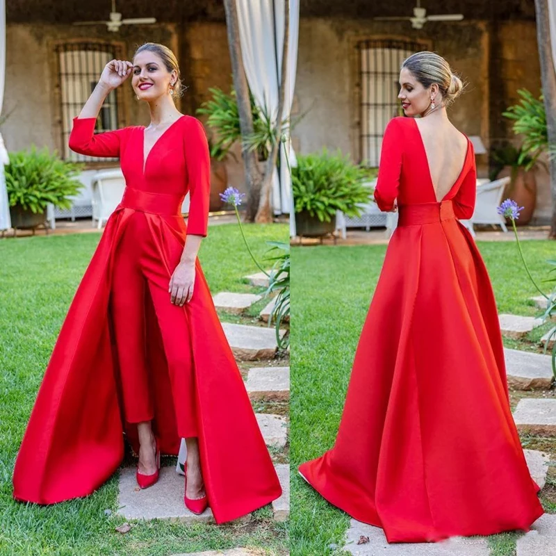Red Jumpsuit Evening Dresses With Detachable Skirt 2021 Long Sleeve V-Neck Formal Pants Suit Party Prom Gown Satin Open Back