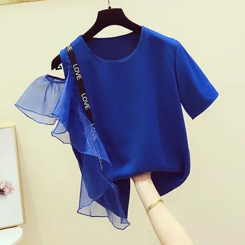 

Blue Tshirt Lady 2020 Summer New Korean Spelling Net Yarn Off Shoulder Short Sleeve T Shirt Women's Casual Shirt Nancylim Tee T
