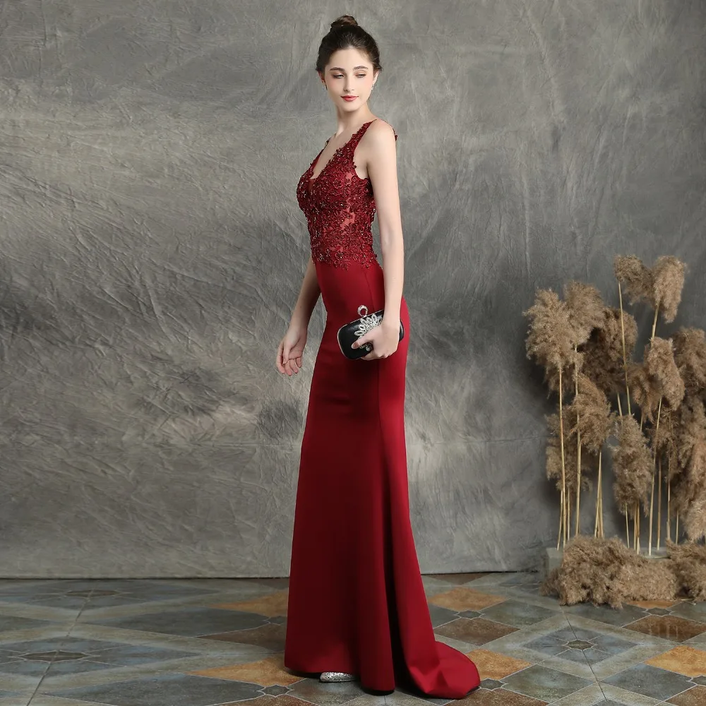 Runxi женские сексуальные платья Русалка эластичное вечернее платье vestidos de gala v-образным вырезом расшитое бисером с аппликацтей на выпускной платье леди грациозное платье