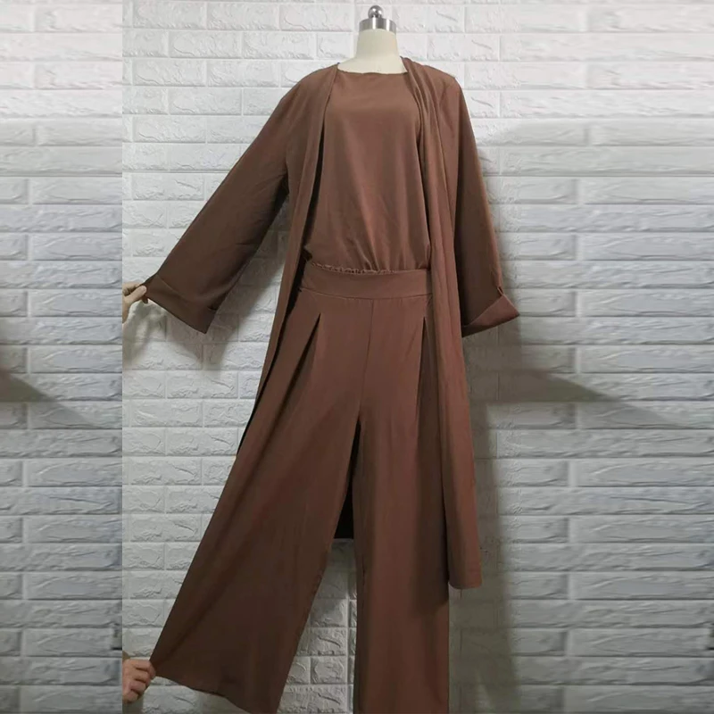Три части абайя турецкое кимоно топы брюки мусульманское платье абайя s хиджаб халат Дубайский кафтан ислам одежда для женщин джеллаба - Цвет: Brown set