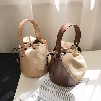 

Portable Net Red Black Hook Bag Textured Girl Bucket Bag Rabbit Eared Bow Hipster Cross-Body Shoulder Bag
