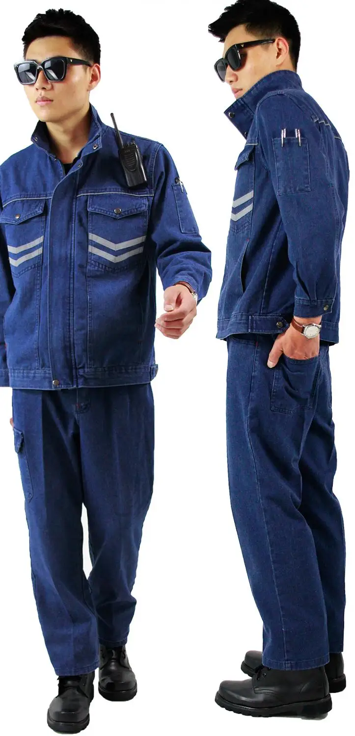 

Men Workwear Mechanic Protective Jeans Jacket Pants Pockets Coveralls Trousers Blue Denim Coat Dust-proof Thick 2Pcs Set C15