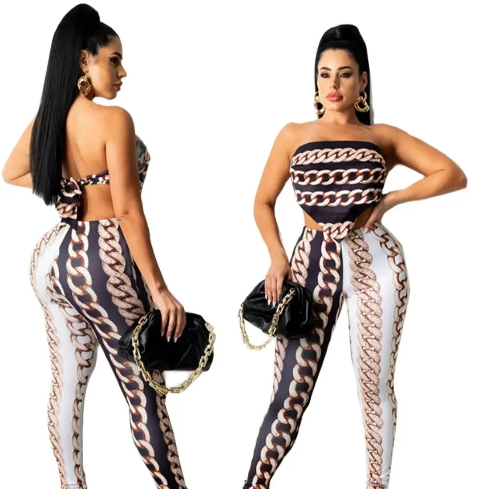 Printed Leggings Set for Women Two-Piece Polyester High-Waist Tube Top Trousers Suit Tops Women 2021 2021 women new fashion streetwear bandana patchwork denim pants hole ripped jeans fashion high waist jeans straight trousers