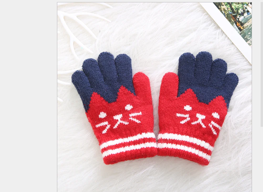 4-8Y New Child Kids Baby Girls Boys Winter Knitted Gloves Cartoon Warm Mittens Toddlers Outdoor Cartoon Cats Cute Gloves - Цвет: Белый