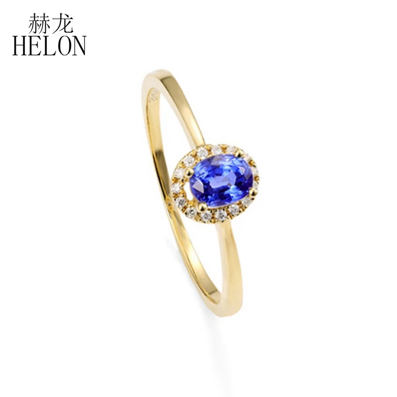 HELON, Твердое 14 к Желтое золото/белое золото, натуральный 0.3Ct сапфир, Подлинные Бриллианты, вечерние кольца на годовщину, кольца, подарок, модные ювелирные изделия