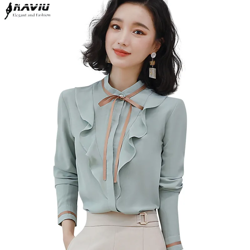 

Light blue shirt women 2019 Autumn retro long sleeve stand collar rufflus chiffon blouses office ladies fashion work tops