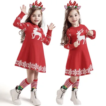 

kids dress 2019 Winter Toddler Baby Girls Crochet Christmas Deer Knit Dress+hairband Outfits Long Sleeve Cotton vestido de moda