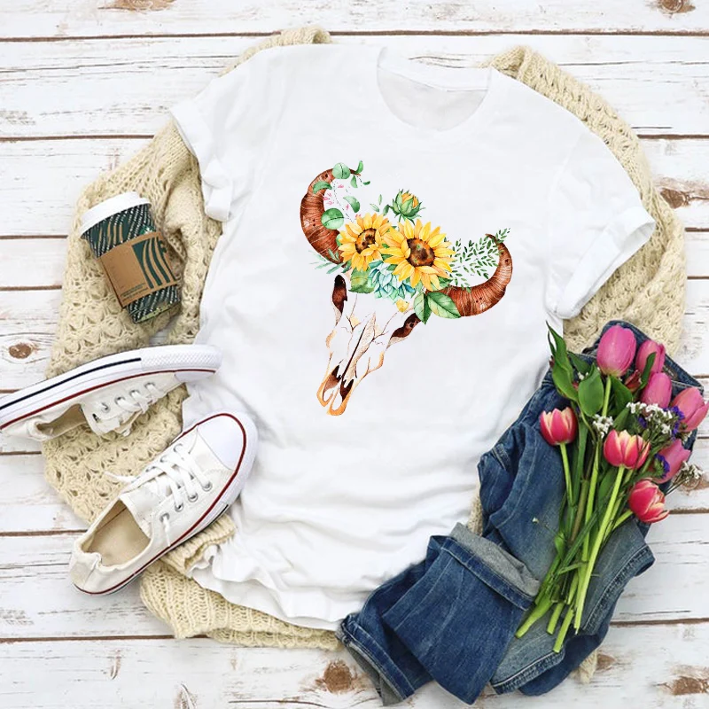 Женская летняя футболка с графическим рисунком топы изображением черепа коровы