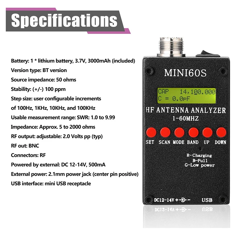 Mini60S 1 60MHz HF ANT SWR антенна анализатор метр с BT Android APP PC программное обеспечение для Ham