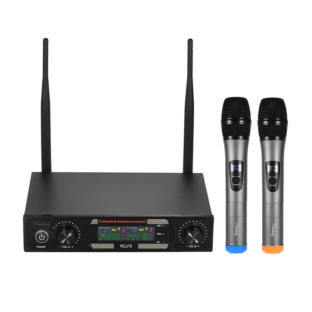Muslady KLV3 VHF Wireless Microphones Set with 1 Receiver 2 Handheld Microphone Color Screen for DJ Party Karaoke Singing