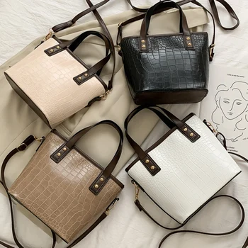 

ASDS-Stone Pattern Women Bucket Tote Bag Fashion PU Leather Luxury Retro Shoulder Bag Big Capacity Messenger Bag