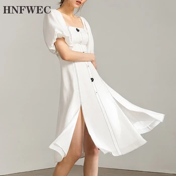 

Split Dresses Female Square Collar Lantern Short Sleeve High Waist Ruched Midi Summer Dress Women Casual Fashion 2020 P422
