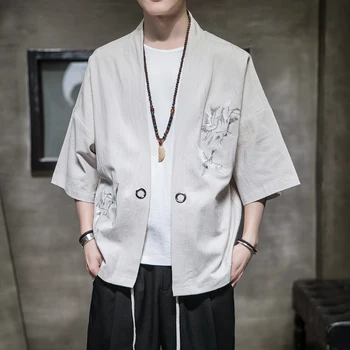 

New Japanese Style Kimono Traditional Men Women linen Shirt embroidery Loose Coat Five Point Sleeves Printing Cardigan Yukata