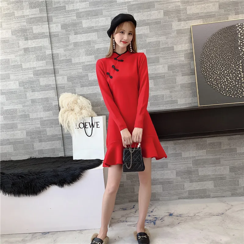 Осень новая волна длинная секция дамы красный cheongsam вязаное платье длинный свитер женский рыбий хвост юбка