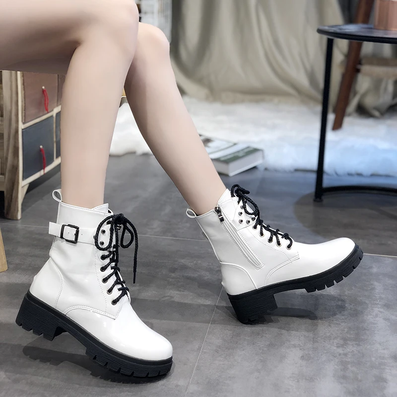 White Western Boots Cowboy Boots Women New Lace Up Leather Boots Black Ankle Boots Women Fashion Punk Combat Boots Platform