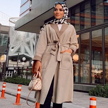 

Siskakia Wool Coat Long Winter 2019 Muslim Women Kimono Coat Grey Loose Plus Size Front Pockets with sash Solid