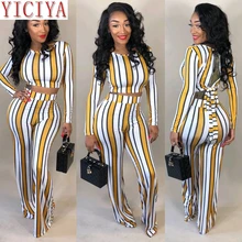 2020 2 Piece Sets Womens Outfits Long Sleeve Striped Matching Set Tracksuit Festival Club Clothing Top And Pants Yellow Clothing