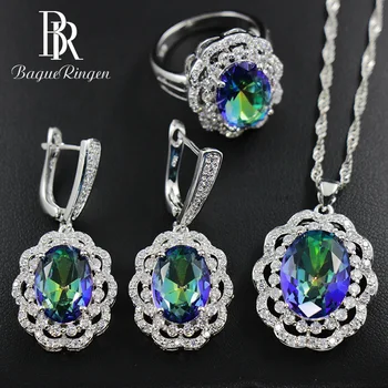 

Bague Ringen Luxury Flower shaped Silver 925 Women's Wear Jewelry Sets Oval shaped Gemstones Ring Earrings Necklace Topaz Gift