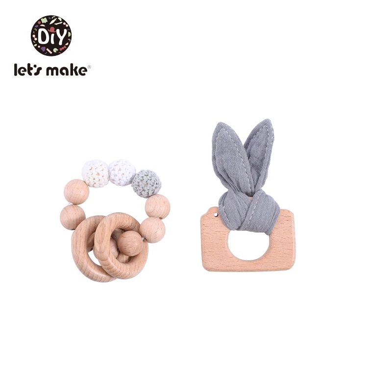 gray set Детское Зубное кольцо от компании Let's Make; зубное кольцо из Вязаные бусы из бука, хлопковый комплект из 2 шт./компл. браслет деревянный против грызунов нового дизайна кольцо без латекса банные халаты в виде животных для маленьких игрушки для режущихся зубов - Цвет: gray set