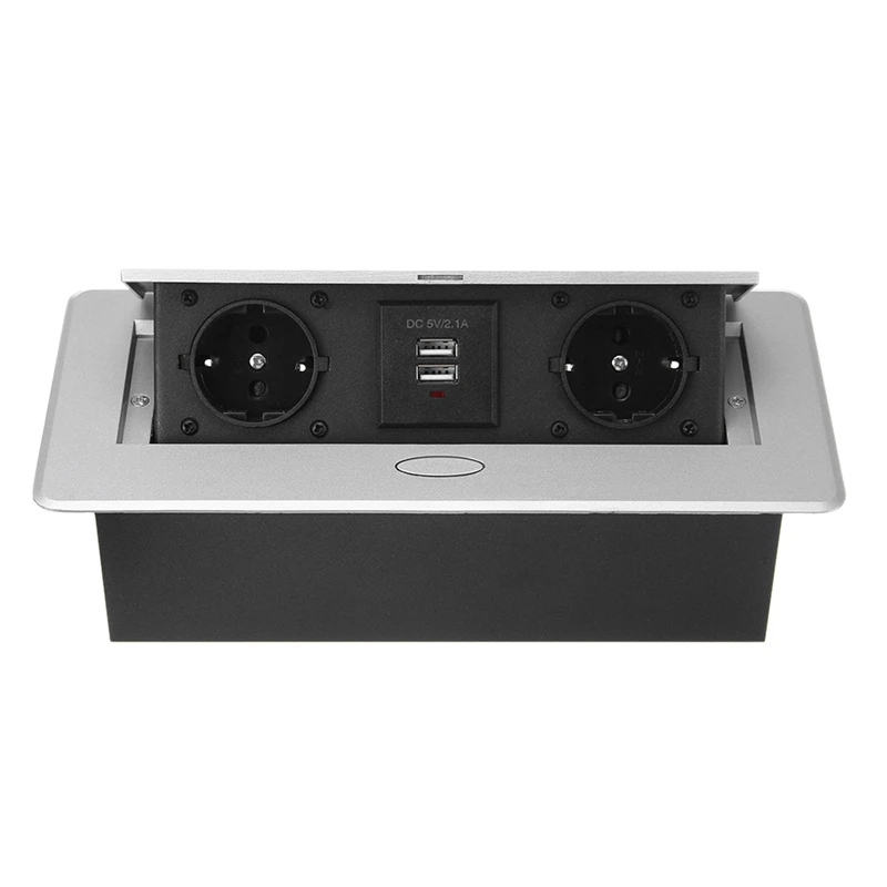 Multifunctional Desktop -Up Socket Aluminum Alloy Dual USB Charging Port Desktop Desktop Socket EU Plug afbeelding