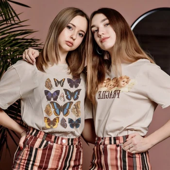 

Vintage Butterfly Print Women T Shirt 2020 New Beige O Neck Short Sleeve Cotton Tees Summer Harajuku Casual Lady T Shirt Tops