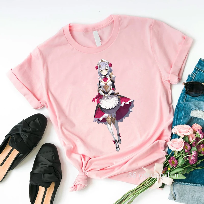 

Genshin Impact T Shirt Kawaii Barbara Lisa Noelle Sucrose Albedo T-Shirt Cartoon Pink Women Clothes Female Clthing 90s Top