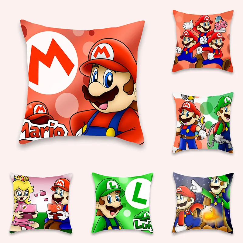 Funda de almohada con dibujos de Super Mario, cubierta de cojín de 45x45cm, suave, corta, de felpa, para coche, sofá y hogar